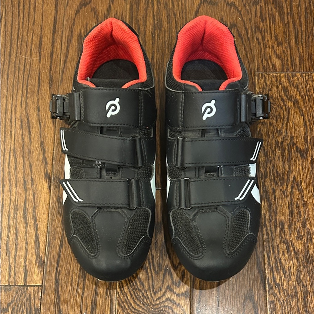 Peloton unisex clip in bike shoes- Black and White with Red Interior